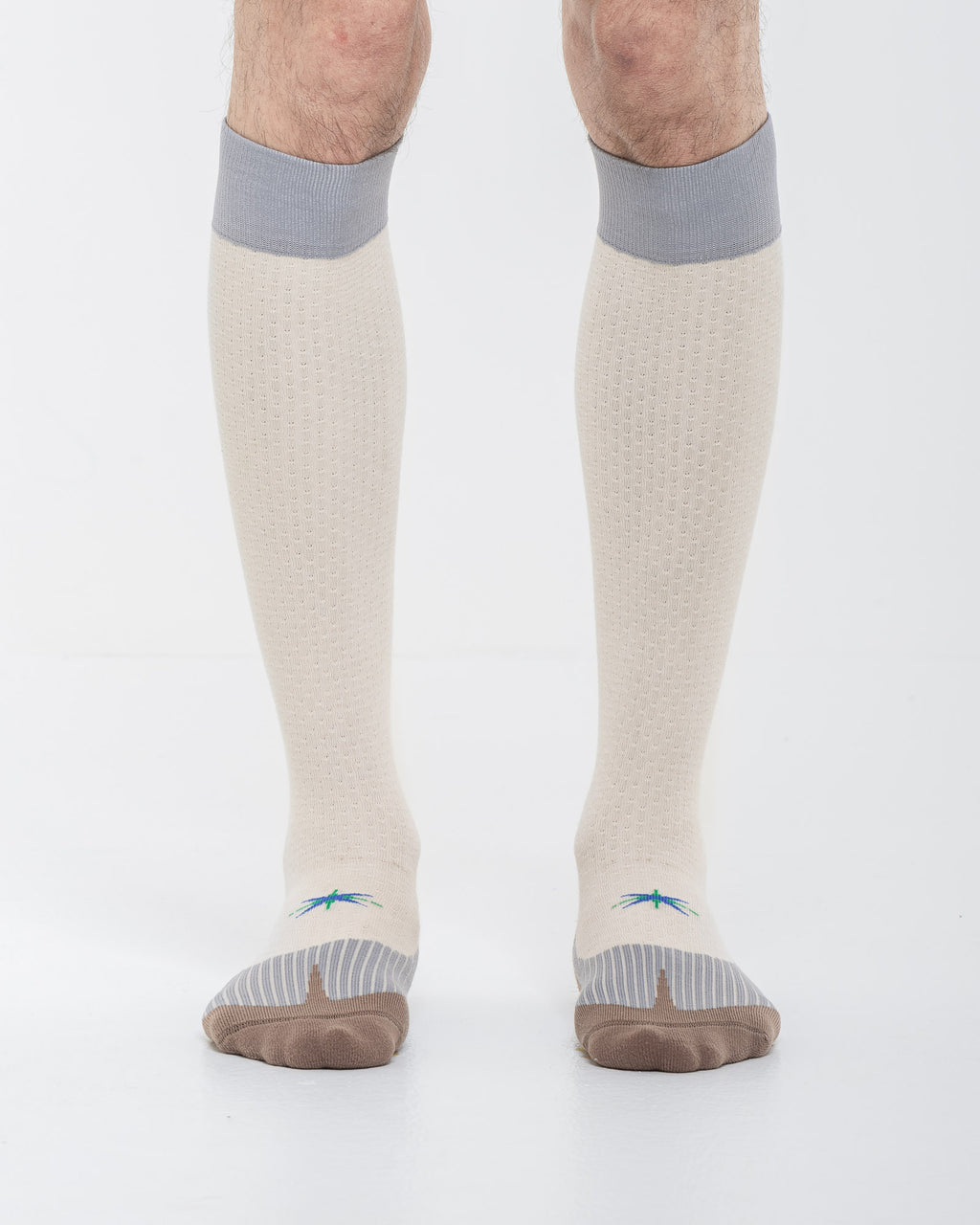 Cardo Radura Strata Knee High socks worn by a model against a white background.